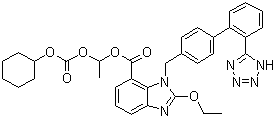 CAS # 145040-37-5, Candesartan cilexetil, 1-[[(cyclohexyloxy)carbonyl]oxy]ethyl 2-ethoxy-1-[[2'-(1H-tetrazol-5-yl)[1,1'-biphenyl]-4-yl]methyl]-1H-benzimidazole-7-carboxylate